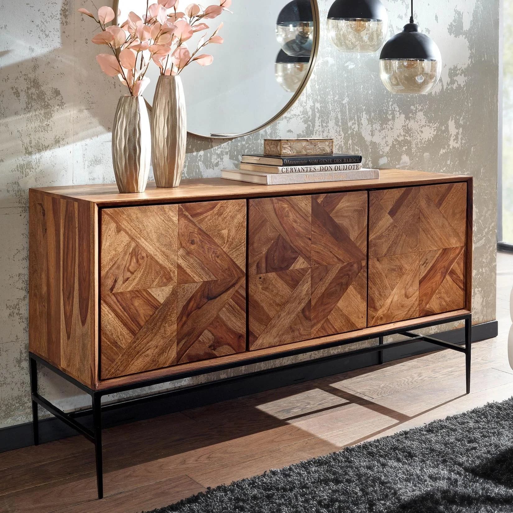 FineBuy Massivholz Sideboard 120cm Sheesham Natur Schwarz Industrial