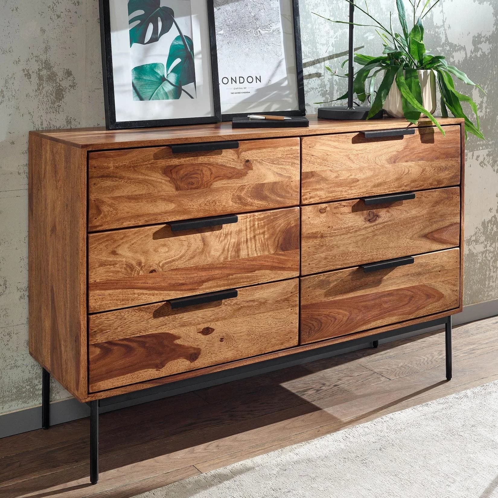 Massivholz Kommode 120cm Sheesham 6 Schubladen Schwarz