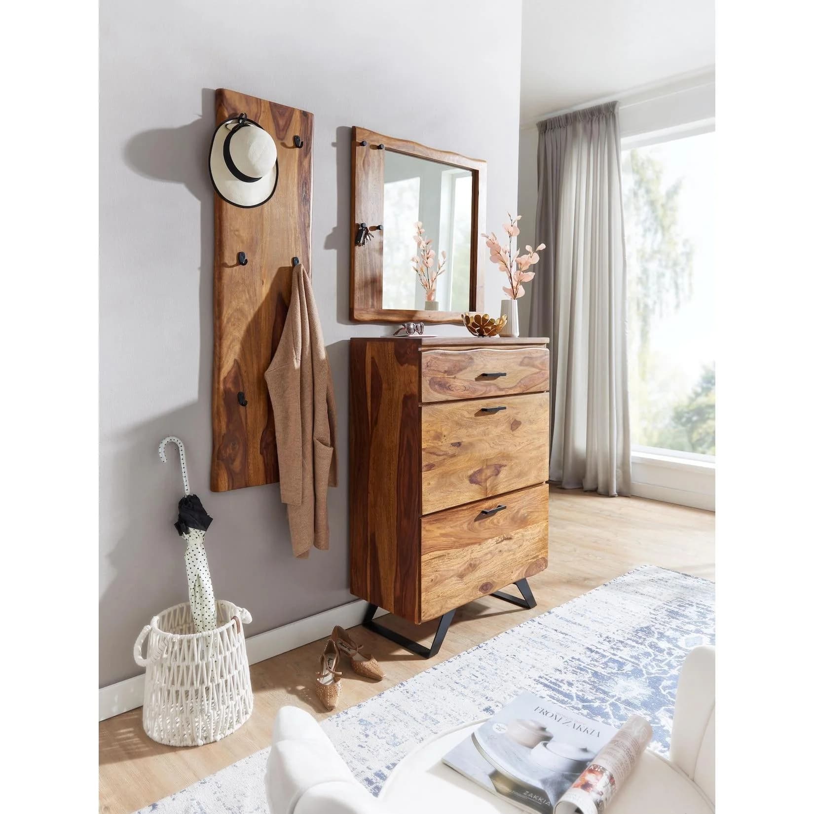 FineBuy Garderoben Set Holz Massiv Wandgarderobe Kommode Flurgarderobe Spiegel