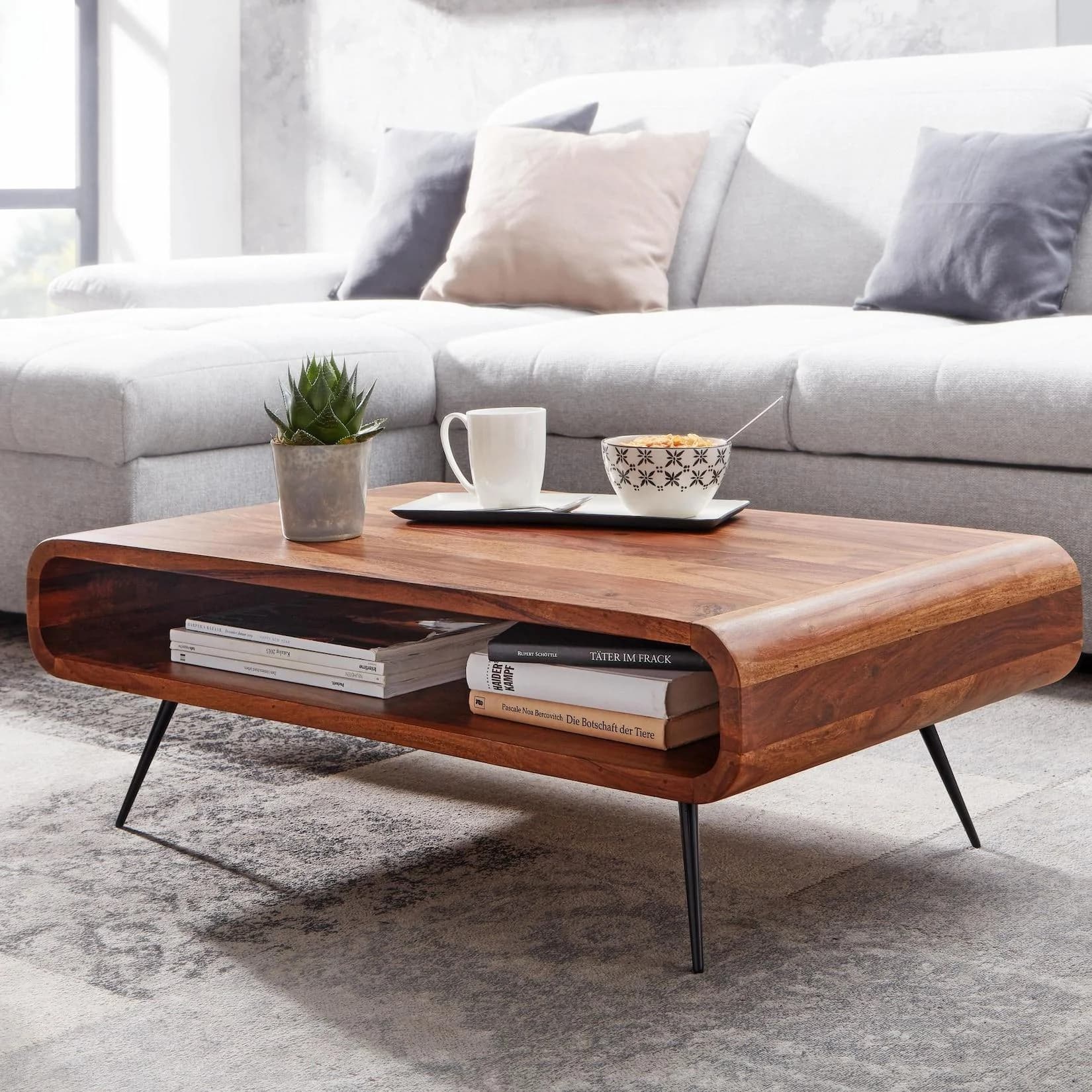 FineBuy Couchtisch Sheesham Massivholz Retro Design Ablage