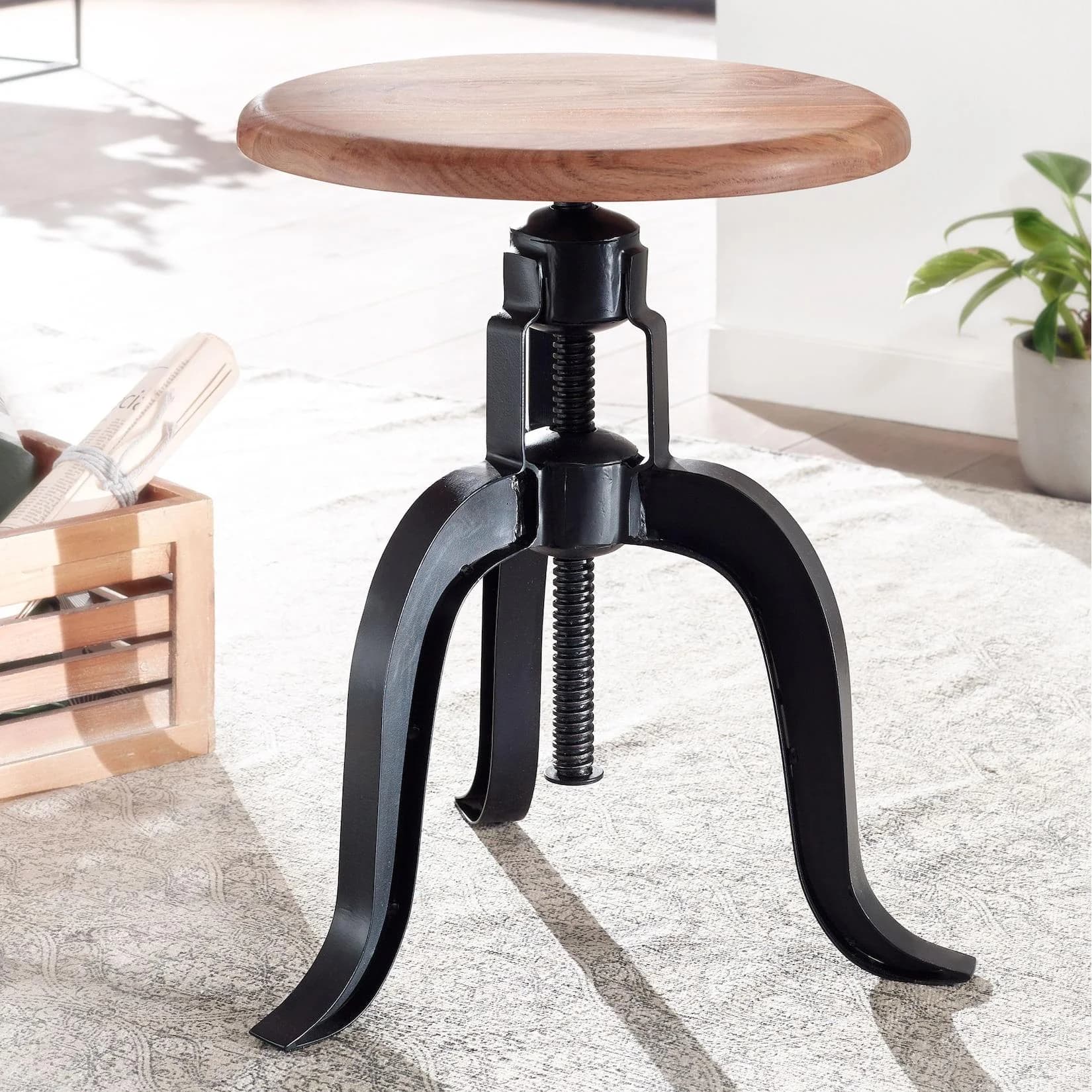 FINEBUY Drehhocker Industrial-Style Metall Akazienholz