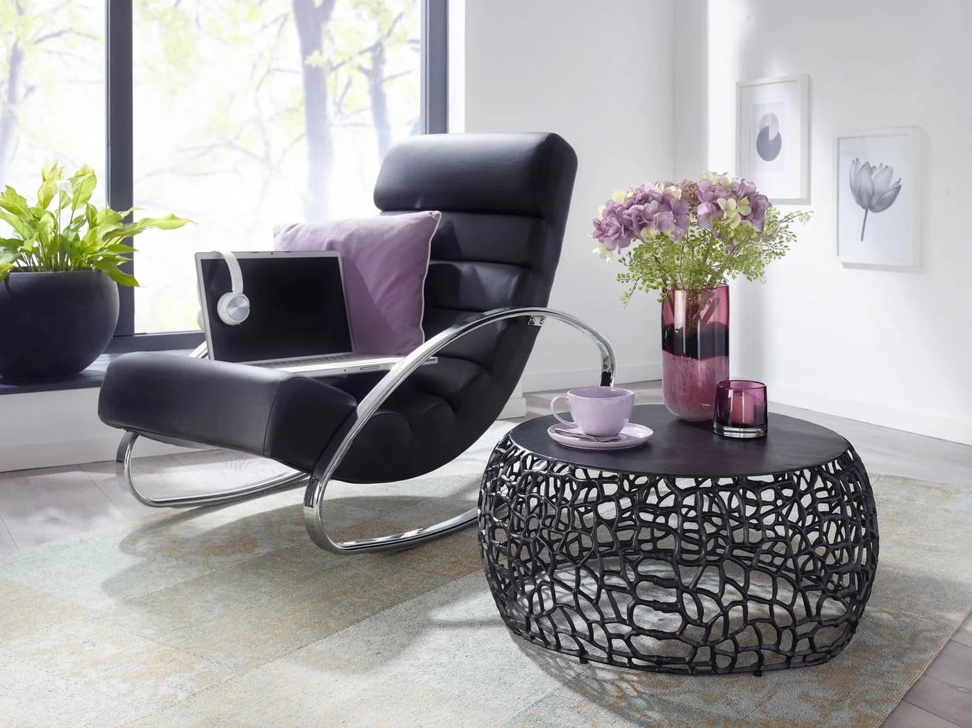 FINEBUY Couchtisch FB41461 Rund Schwarz Aluminium Metall
