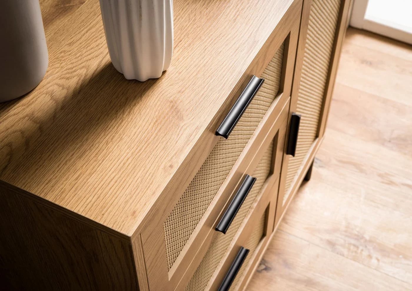 Wohnling Kommode 80 cm Eiche Rattan Modern Sideboard - Bild 5