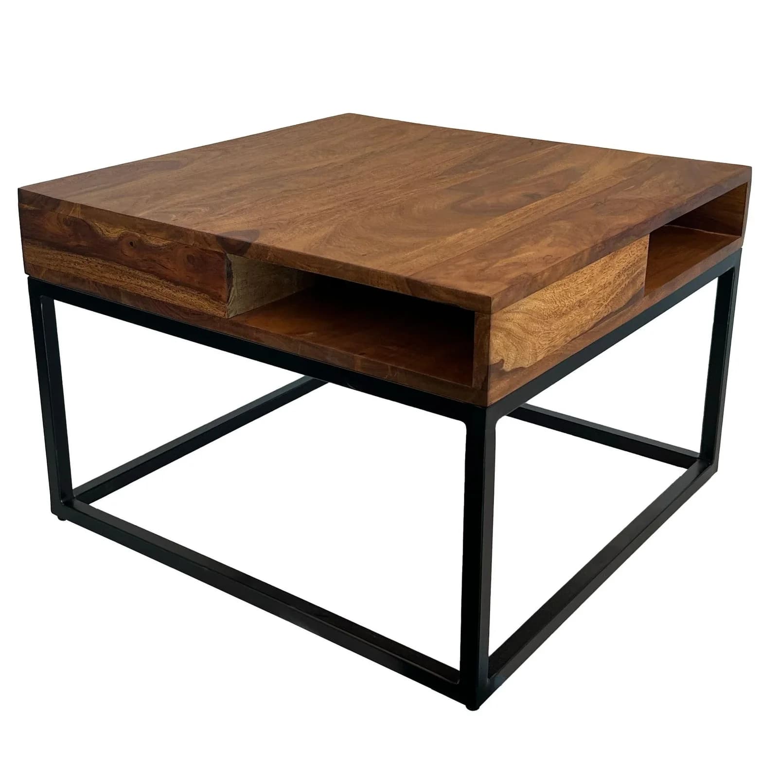 Couchtisch Sheesham Massivholz Braun mit Stauraum und Eisen-Gestell
