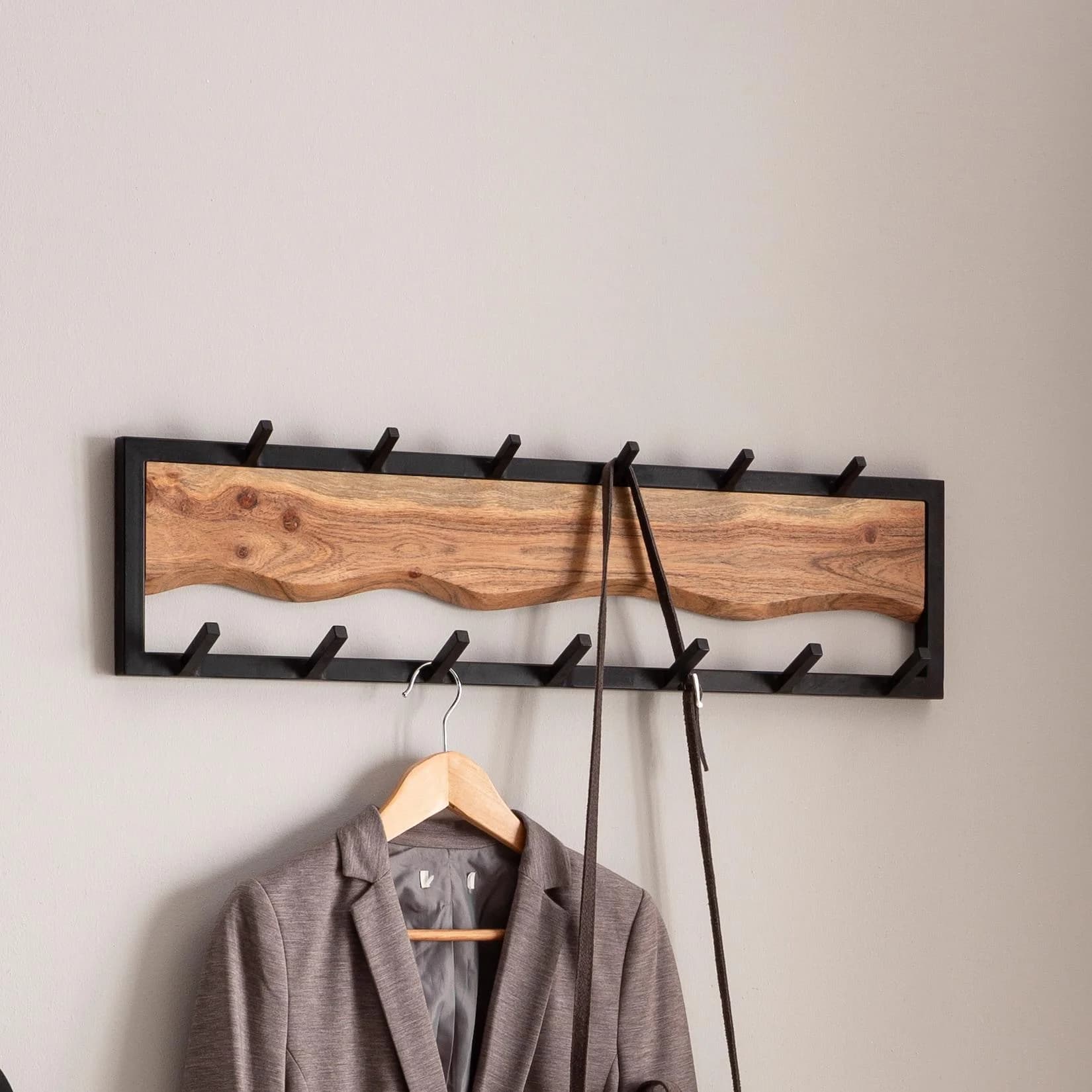 FineBuy Wandgarderobe Hakenleiste Massivholz Schwarz Metall Modern