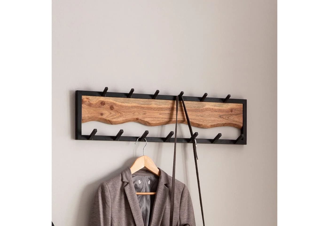 FineBuy Wandgarderobe Hakenleiste Massivholz Schwarz Metall Modern - Bild 3