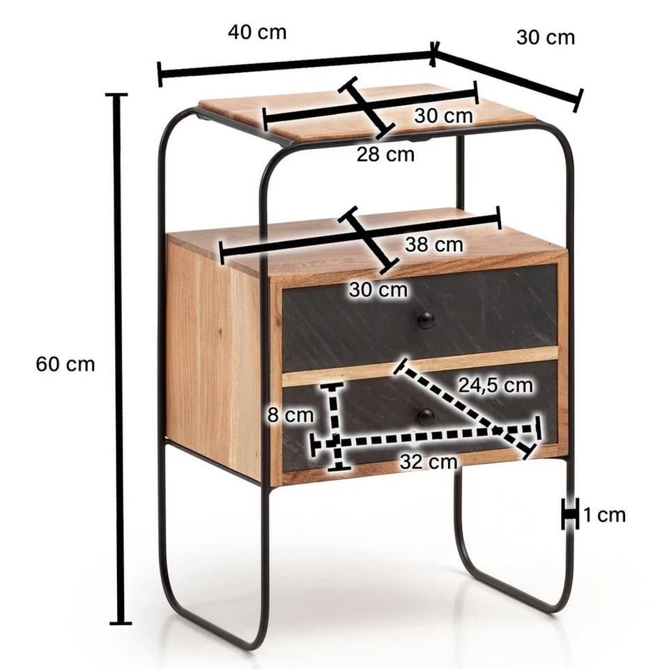 FINEBUY Nachttisch Industrial Akazie Massivholz Steinoptik 2 Schubladen - Bild 3