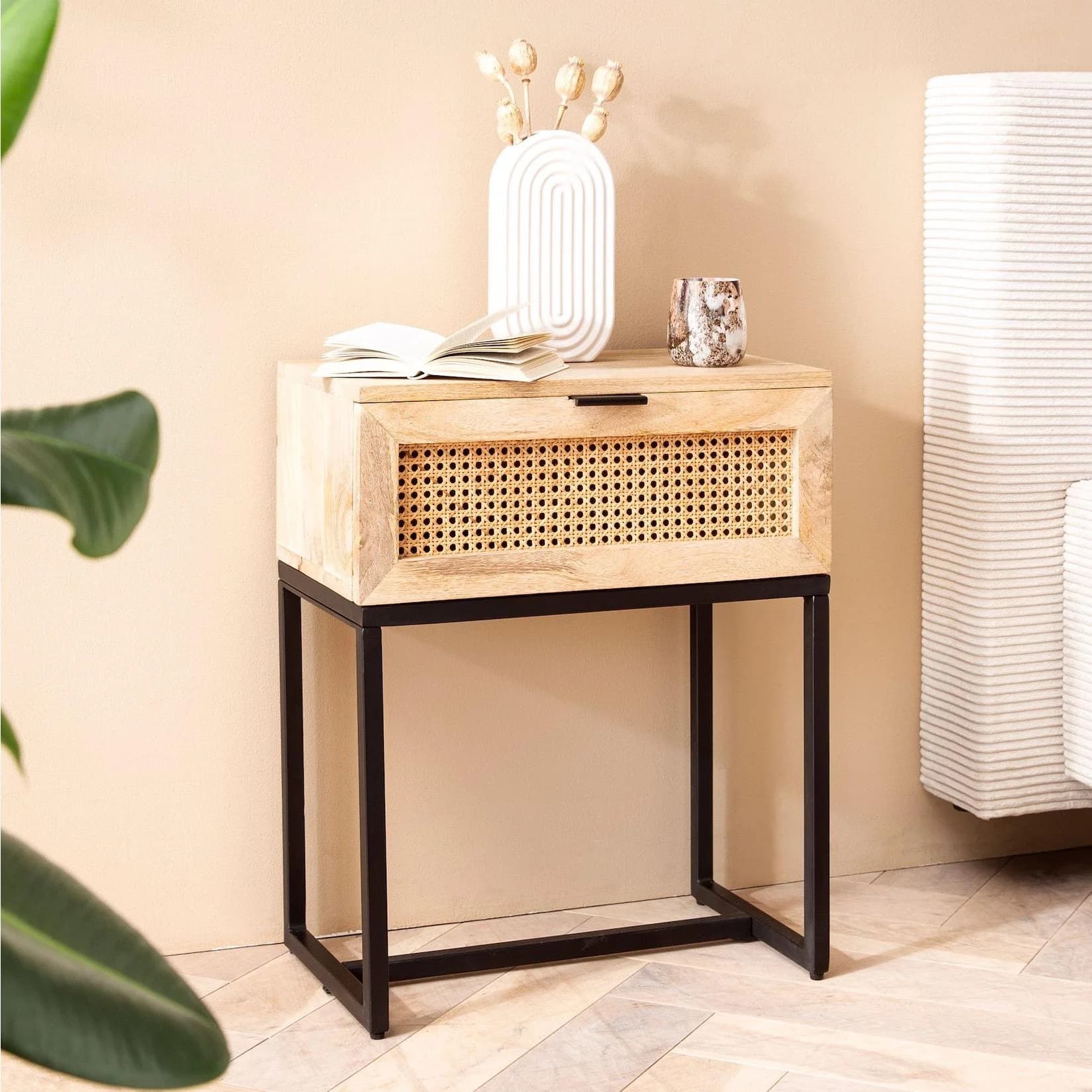 FineBuy Nachtkonsole Massivholz Rattan Schublade Modernes Design