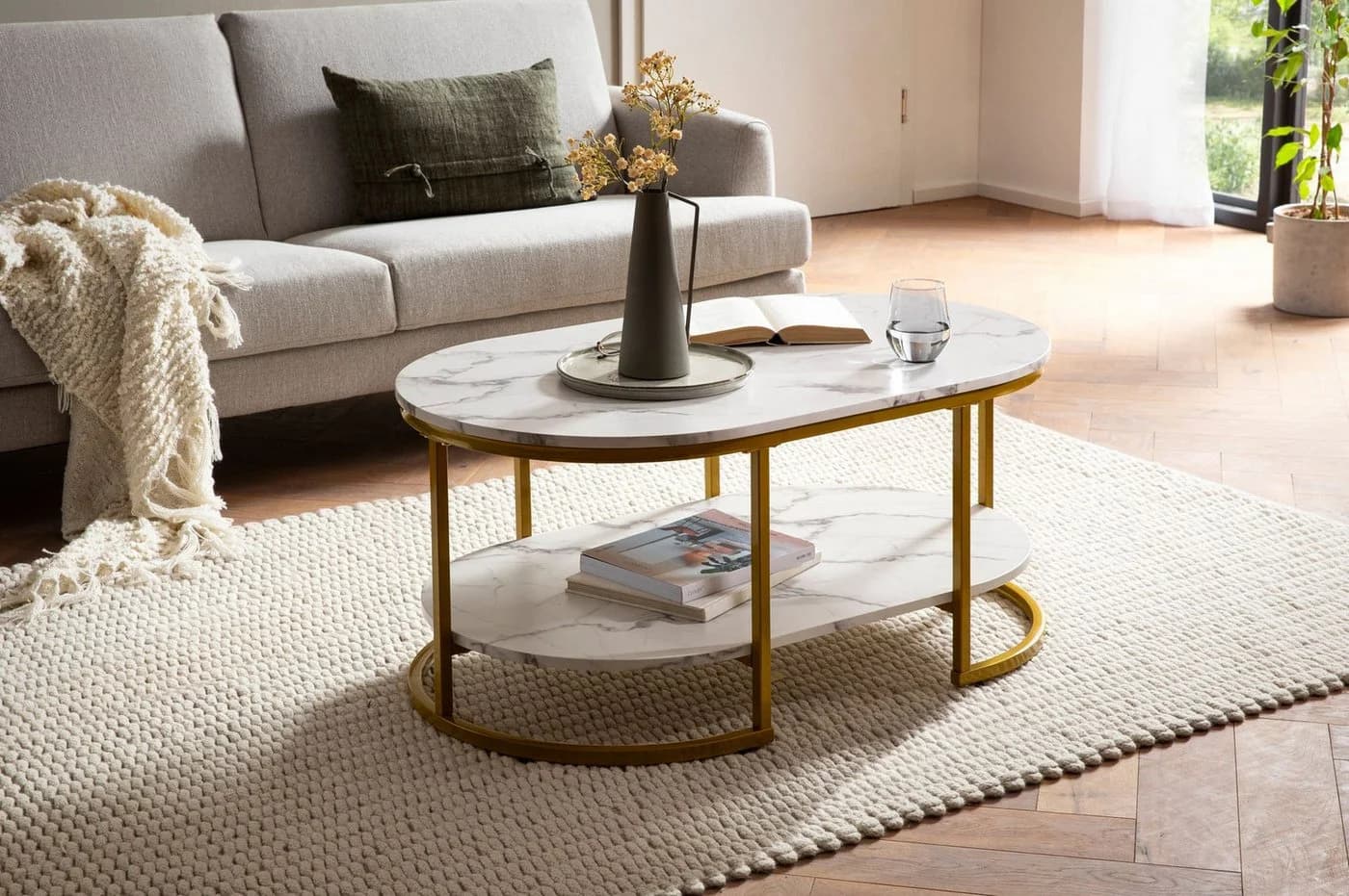 FINEBUY Couchtisch FB59209 Marmor Optik Weiß Modern