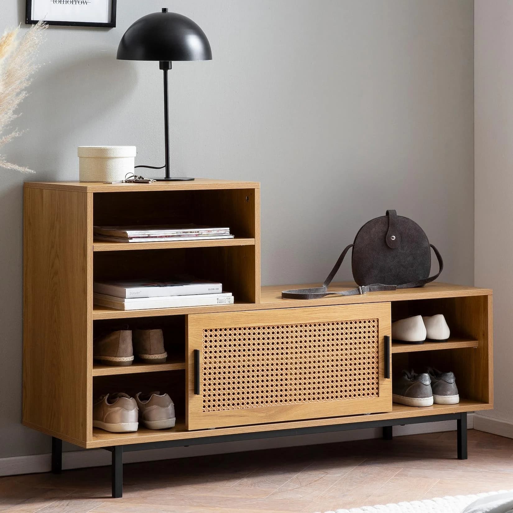 FineBuy Garderobe mit Sitzbank 120 cm Wiener Geflecht Schuhregal Eiche Grau - Bild 2