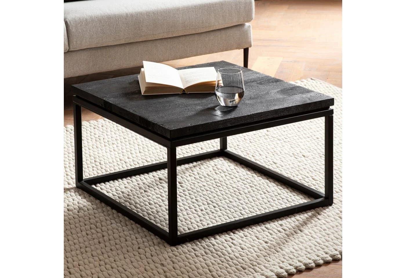 FINEBUY Couchtisch Quadratisch Massivholz Schwarz Industrial