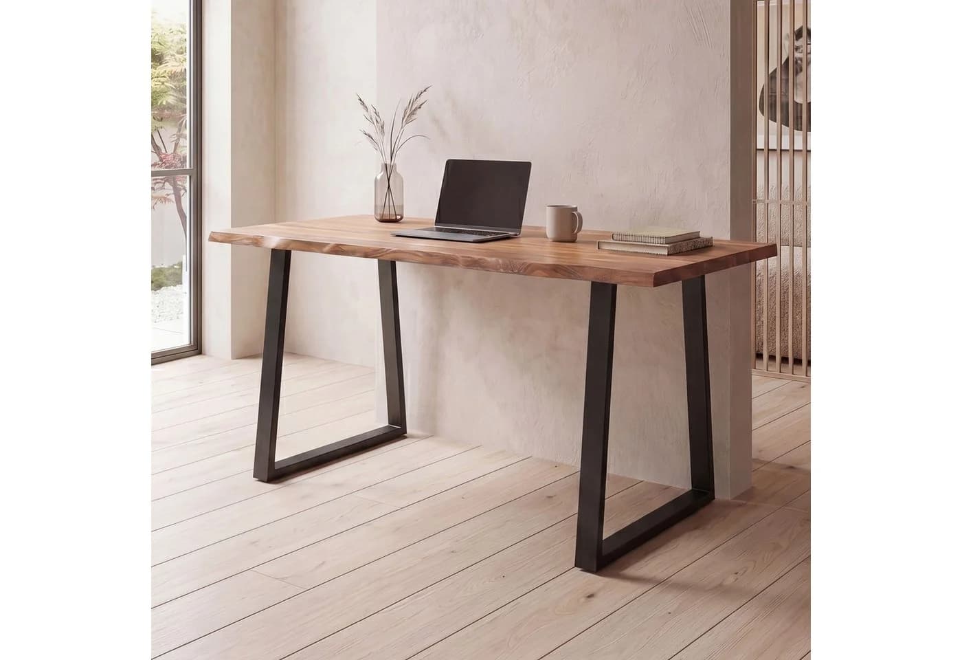 FINEBUY Schreibtisch Akazie Massivholz Metall Trapezbeine Modern Baumkante - Bild 2