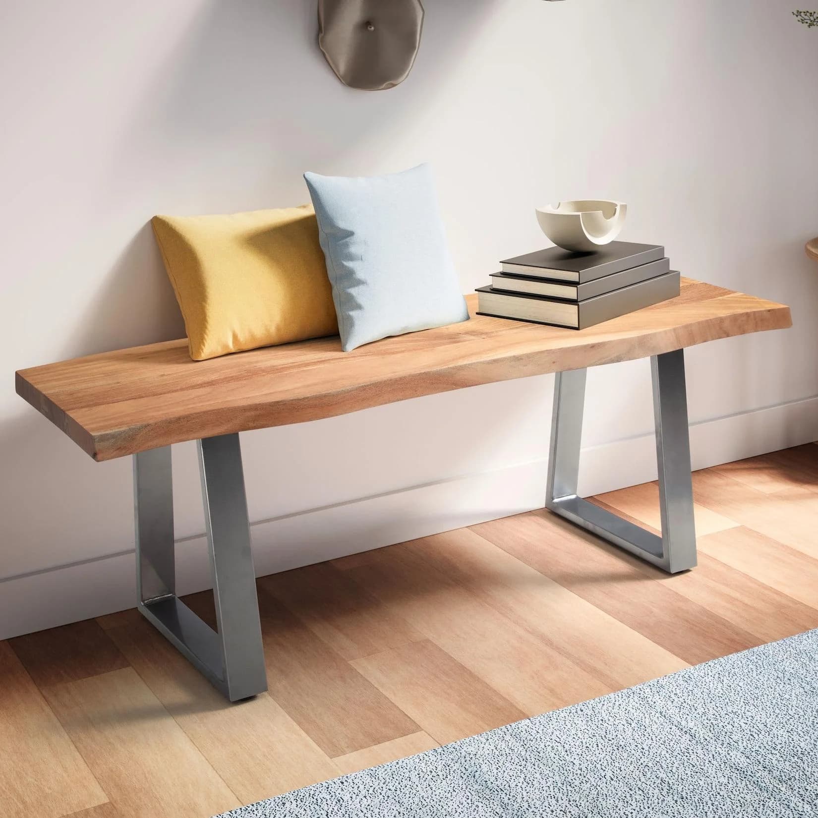 FineBuy Garderobenbank Akazie Massivholz 120 cm mit Metallbeinen