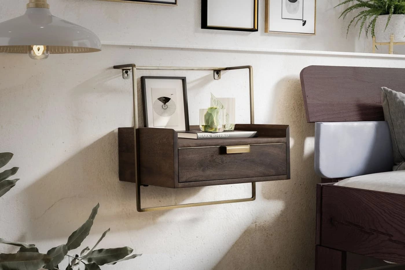 FINEBUY Nachtkonsole FB64190 Wandmontage Dunkelbraun Mango Massivholz