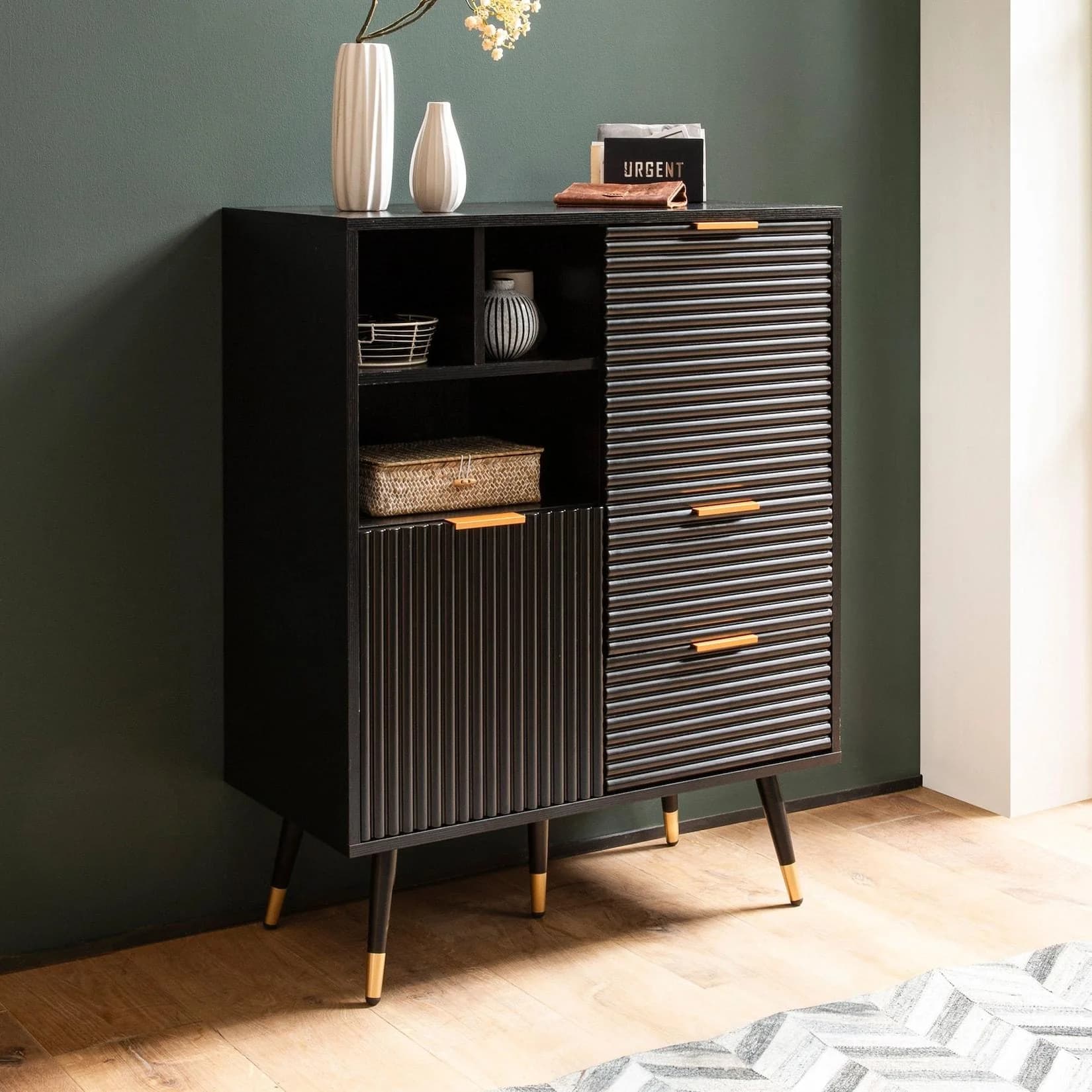 FineBuy Kommode 77 cm MDF Eiche Schwarz Dekor mit 2 Schubladen und 2 Türen