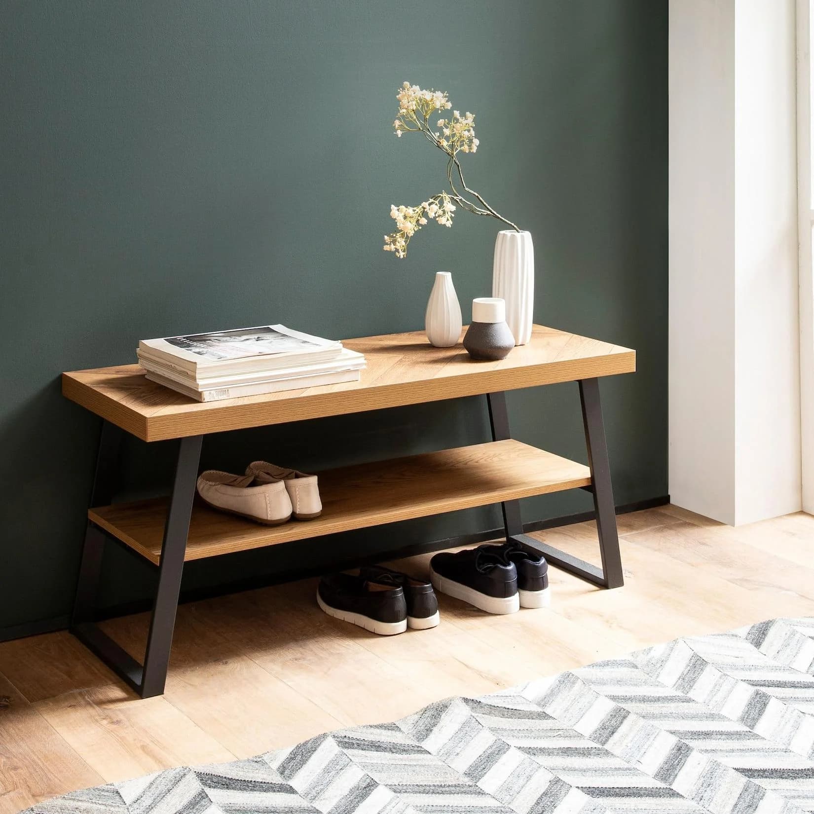FineBuy Schuhbank 100 cm Eiche Fischgrät mit Ablage