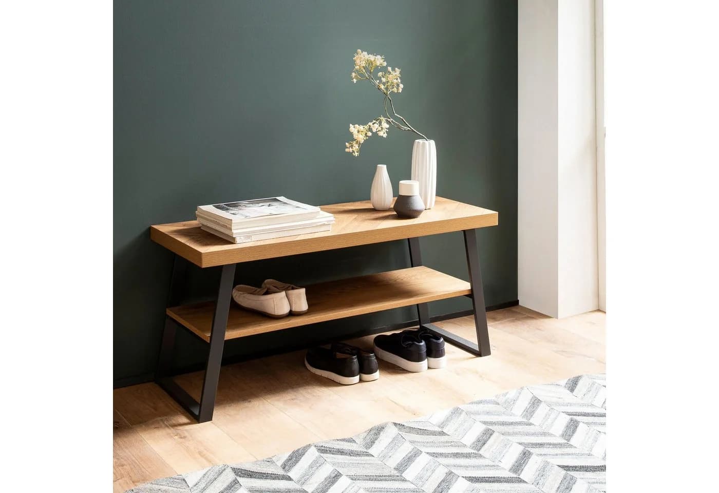 FineBuy Schuhbank 100 cm Eiche Fischgrät mit Ablage - Bild 3