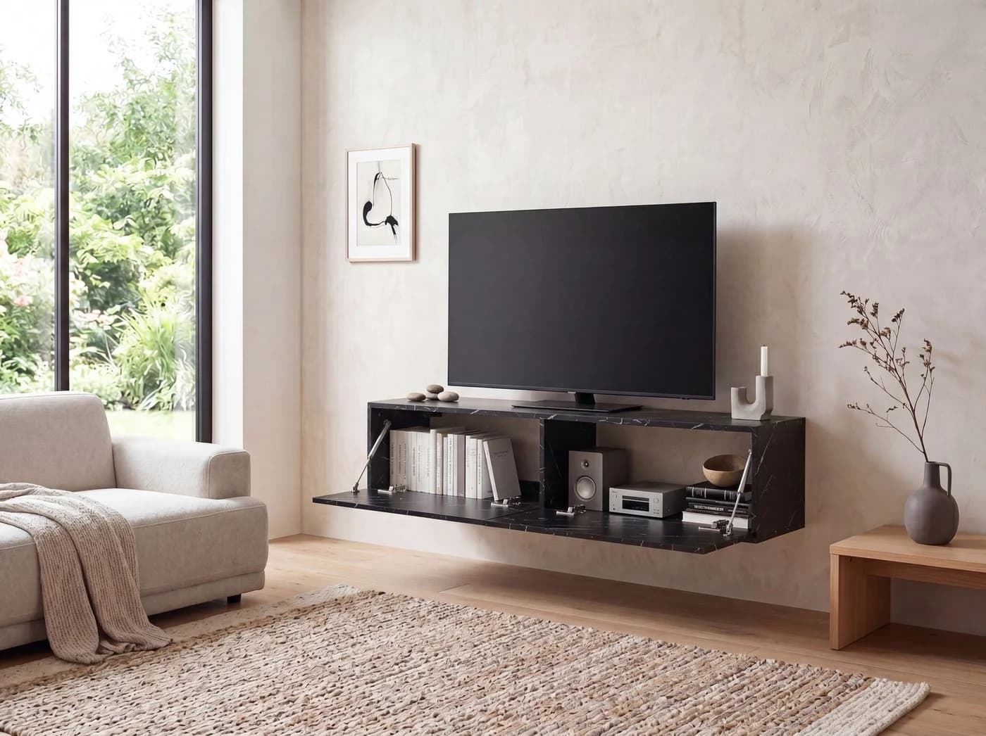 FINEBUY Hängender TV-Schrank 120 cm Marmor-Optik Schwarz