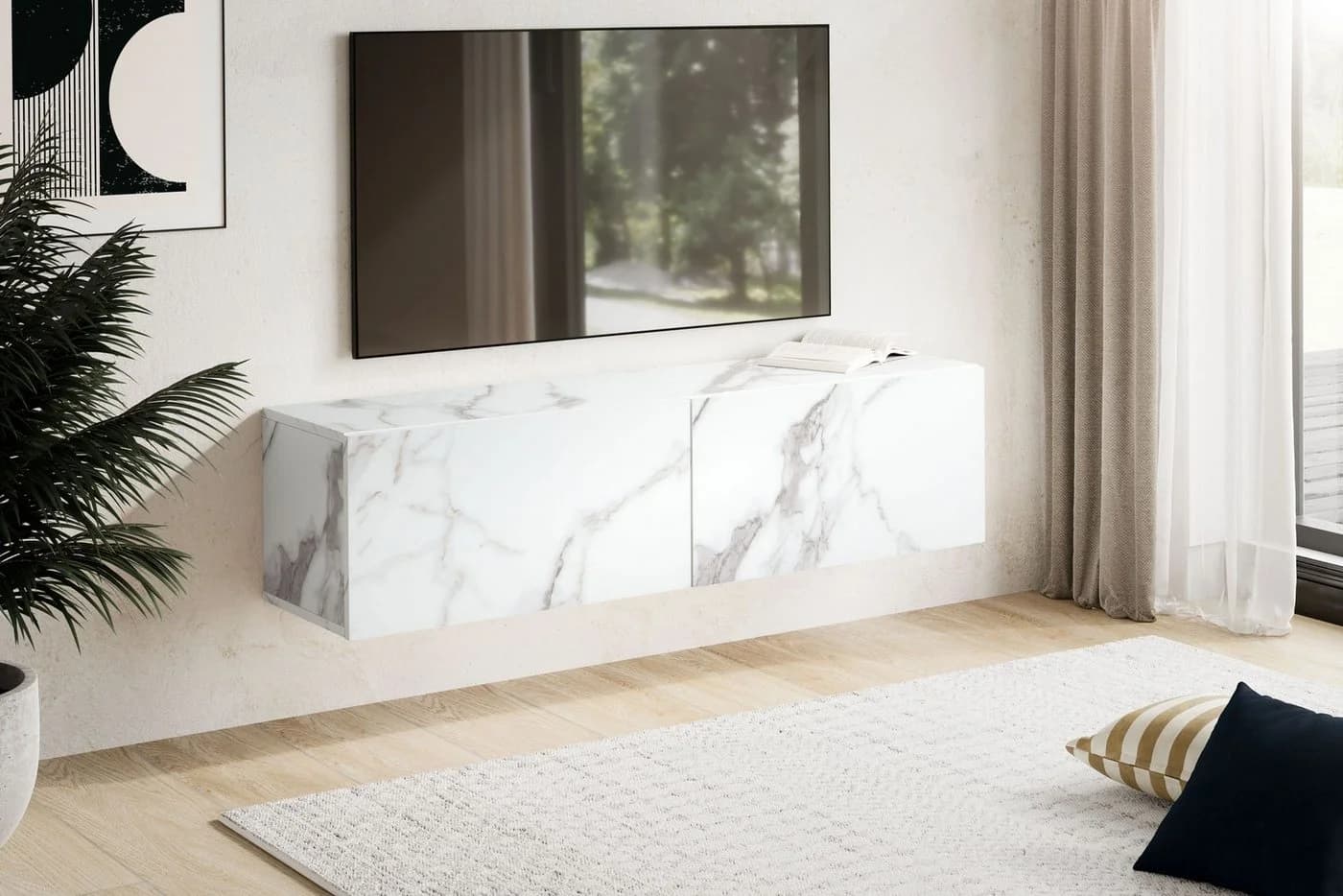 FINEBUY Hängender TV-Schrank 120 cm Marmor-Optik Weiß