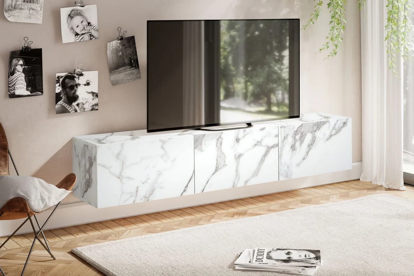 FINEBUY Hängender TV-Schrank Marmor-Optik Weiß