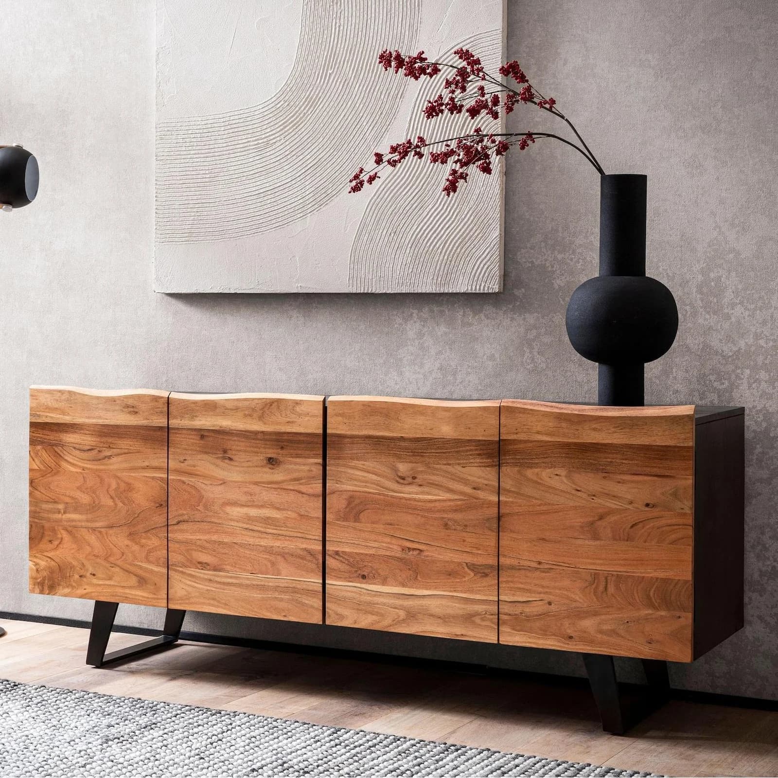 FineBuy Massivholz Sideboard 180cm Akazie Kommode mit 4 Türen Baumkante Industrial Design Metall Schwarz