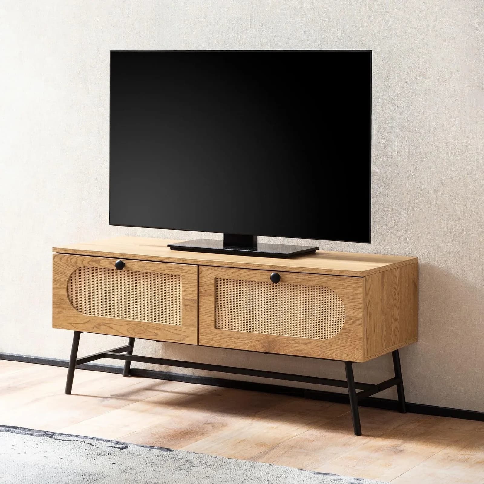 FineBuy TV-Board 100cm Eiche Dekor mit 2 Schubladen und Geflecht