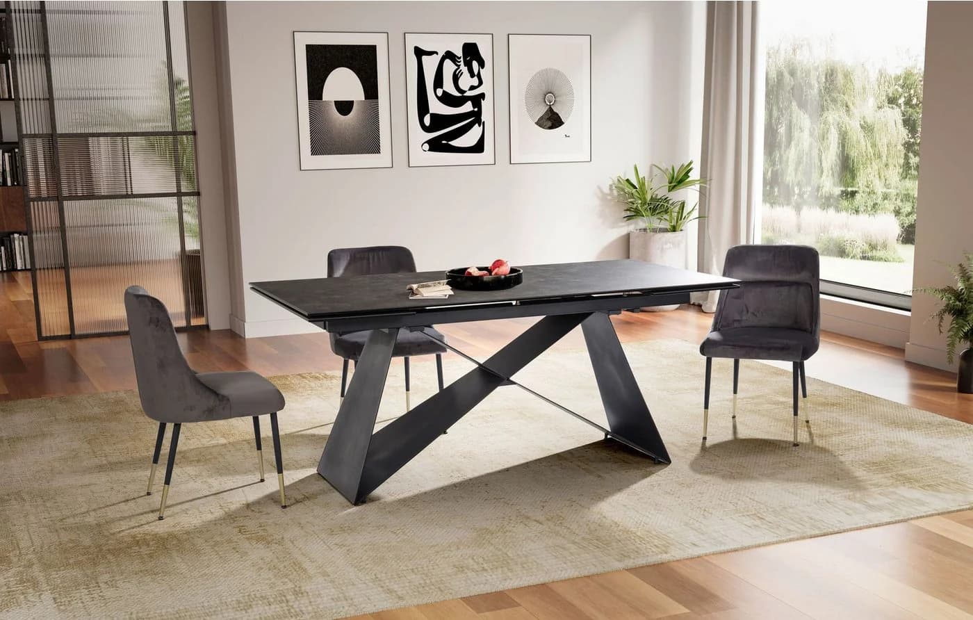 FINEBUY Esstisch FB64102 Ausziehbar Keramikglas Metallgestell Schwarz