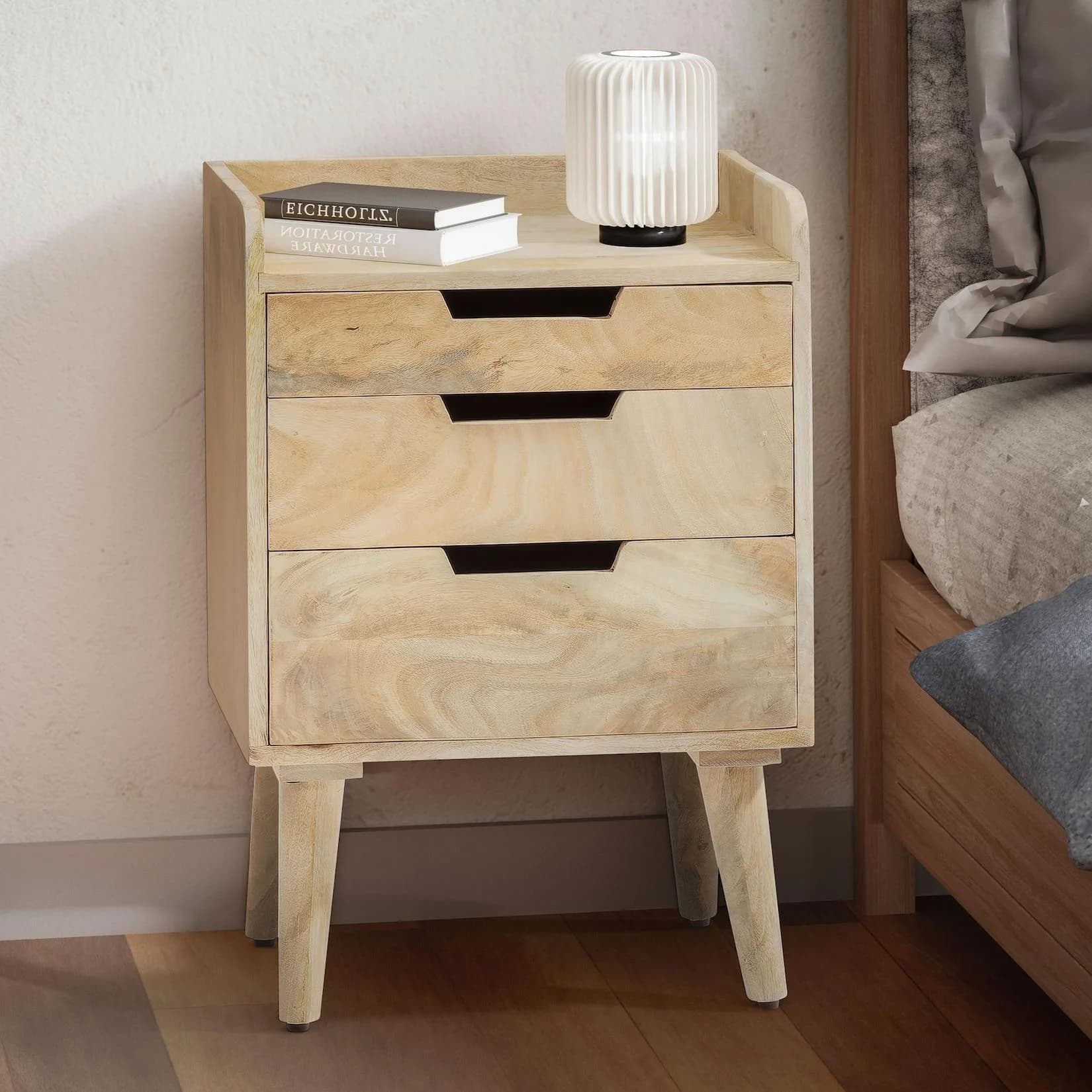 FineBuy Nachttisch Mango Massivholz 3 Schubladen Ablage Natur