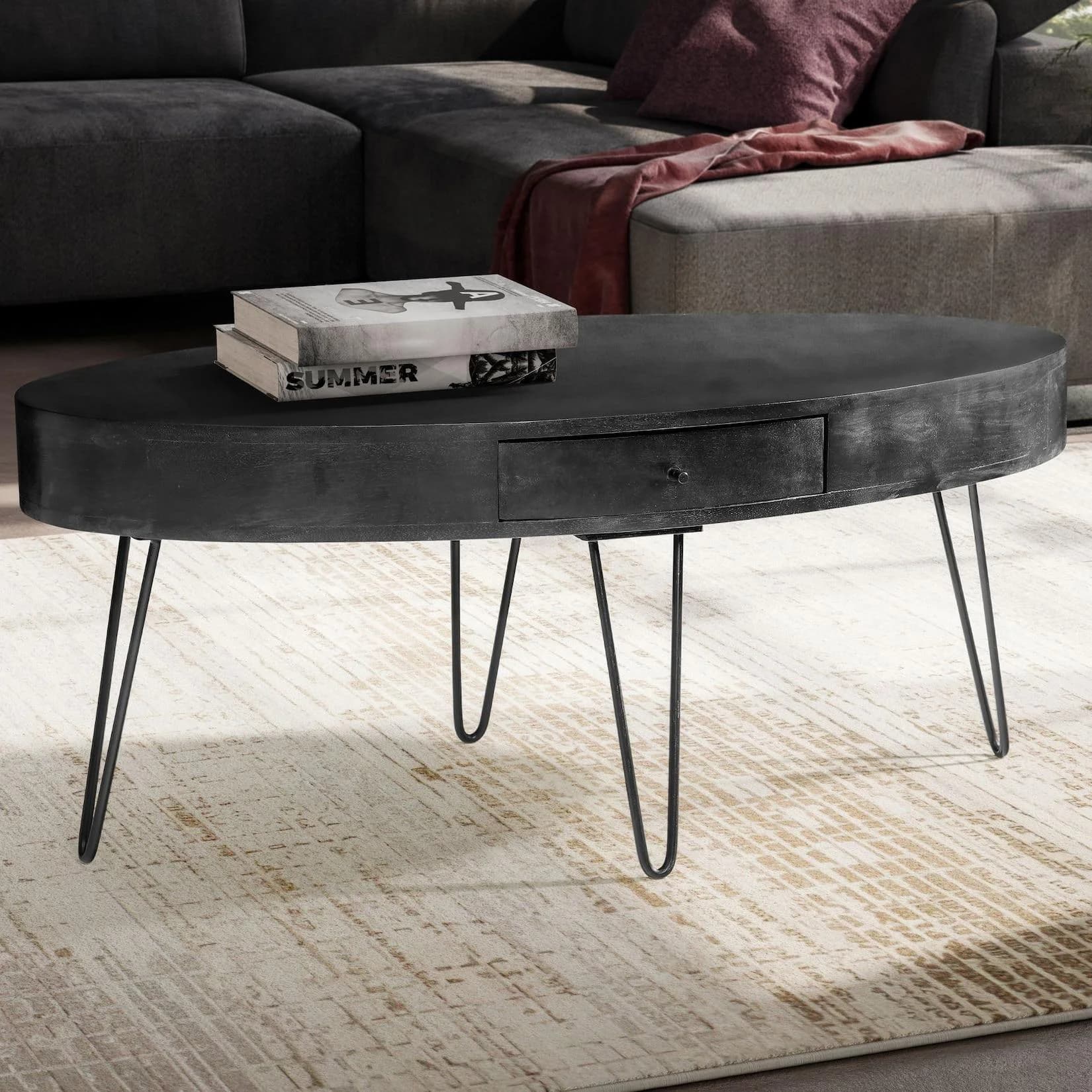 FineBuy Couchtisch 100cm oval schwarz Massivholz mit Schublade Industrial