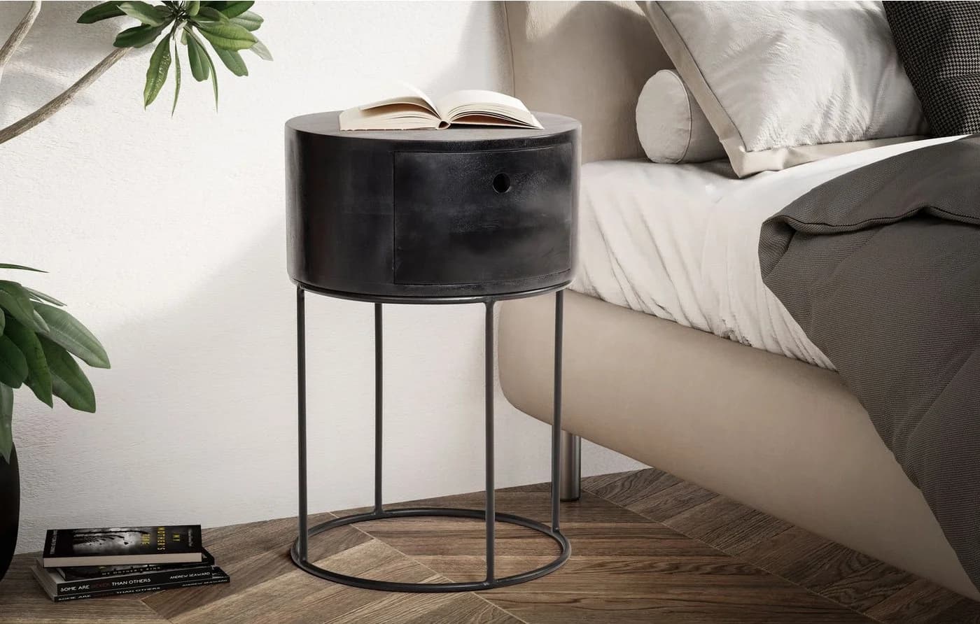 FINEBUY Nachttisch FB56320 Rund Massivholz Schwarz Industrial