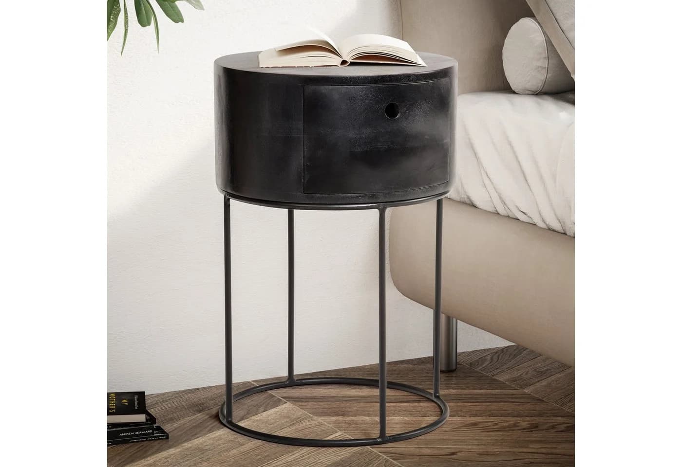 FINEBUY Nachttisch FB56320 Rund Massivholz Schwarz Industrial - Bild 2