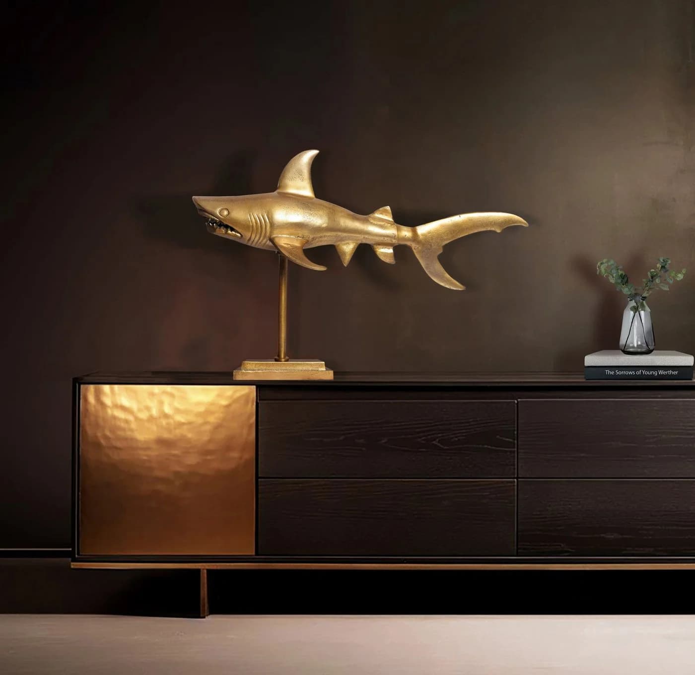 FINEBUY Hai Dekofigur 70 cm Gold Aluminium Maritim