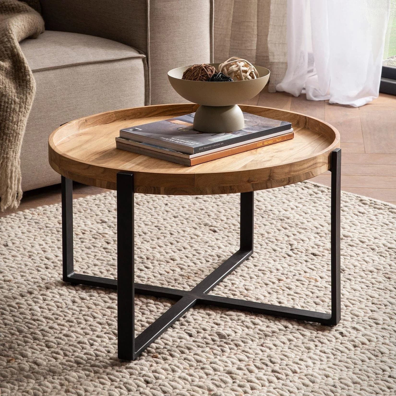 FineBuy Runder Couchtisch Akazie Massivholz 60cm