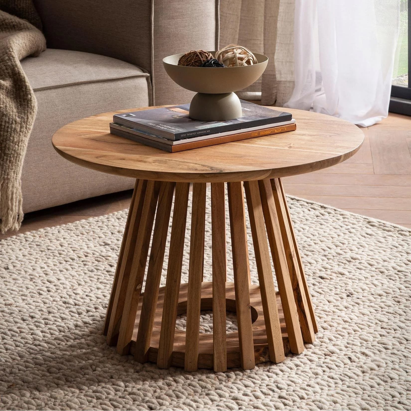 FineBuy Couchtisch Akazie Massivholz Rund 60cm Wohnzimmertisch Lamellenfuß