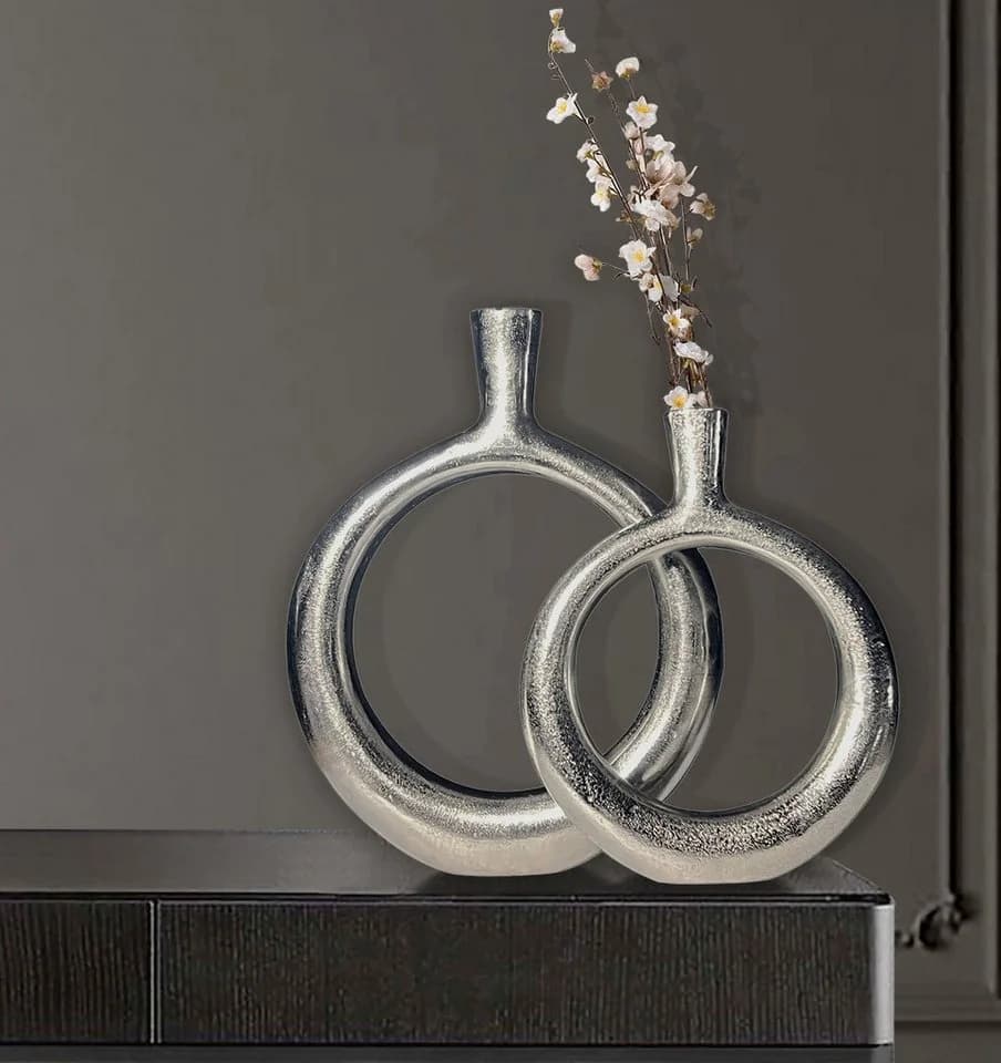 FINEBUY Tischvase 2er Set Aluminium Silber Modern Donut-Form