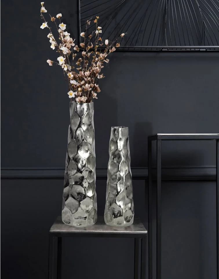 FINEBUY Dekovase FB65106 2er Set Aluminium Silber Modern Hammerschlag