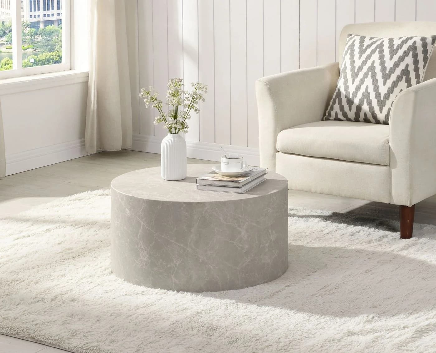 FINEBUY Couchtisch FB71674 Rund 60cm Wohnzimmertisch Sandstein Design