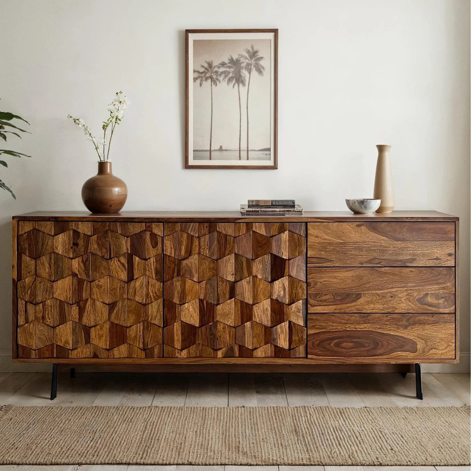 Sideboard FineBuy Kommode Sheesham Massivholz 175 cm Industrial Loft Design