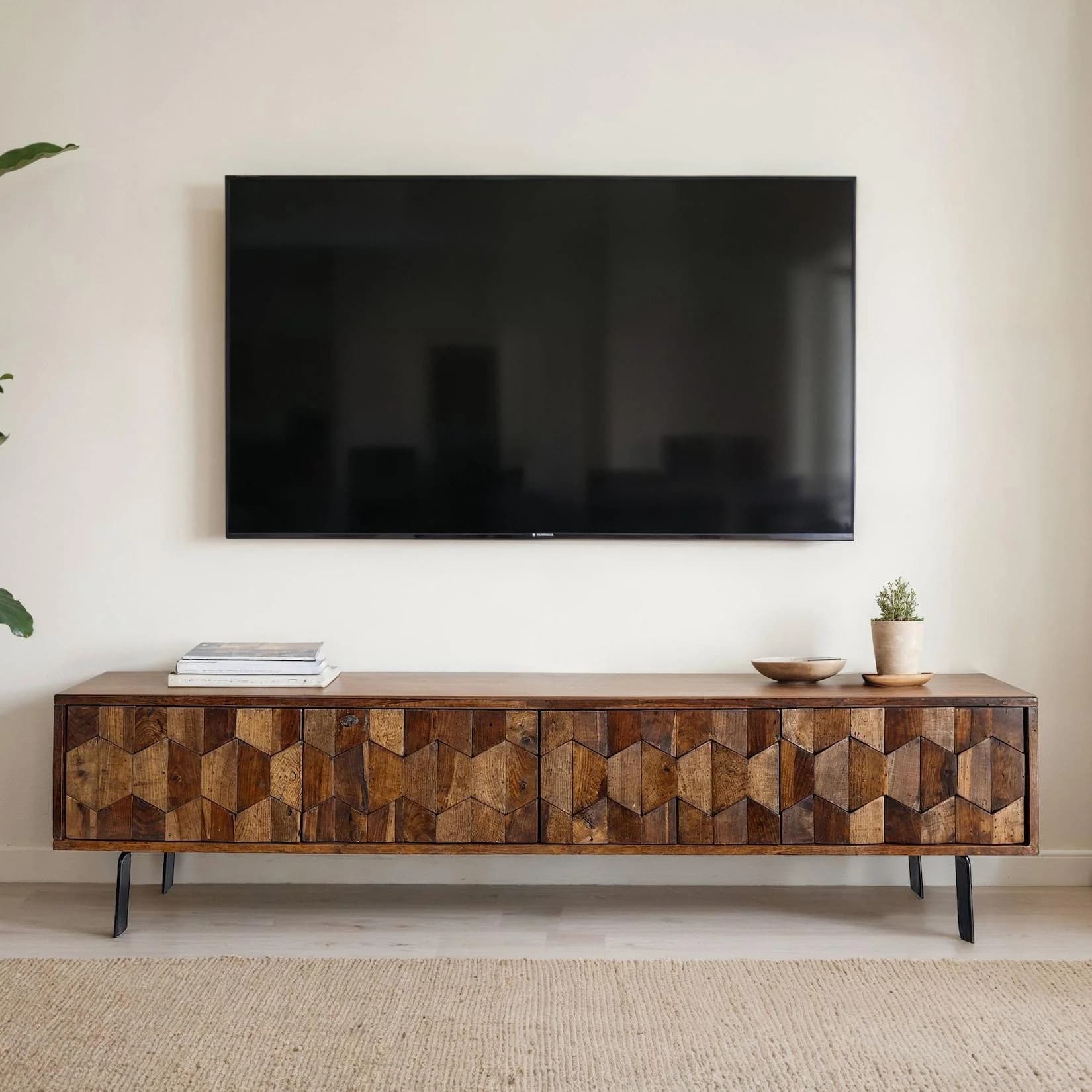 FineBuy Lowboard Sheesham Massivholz 160 cm 3D Fronten Metallbeine