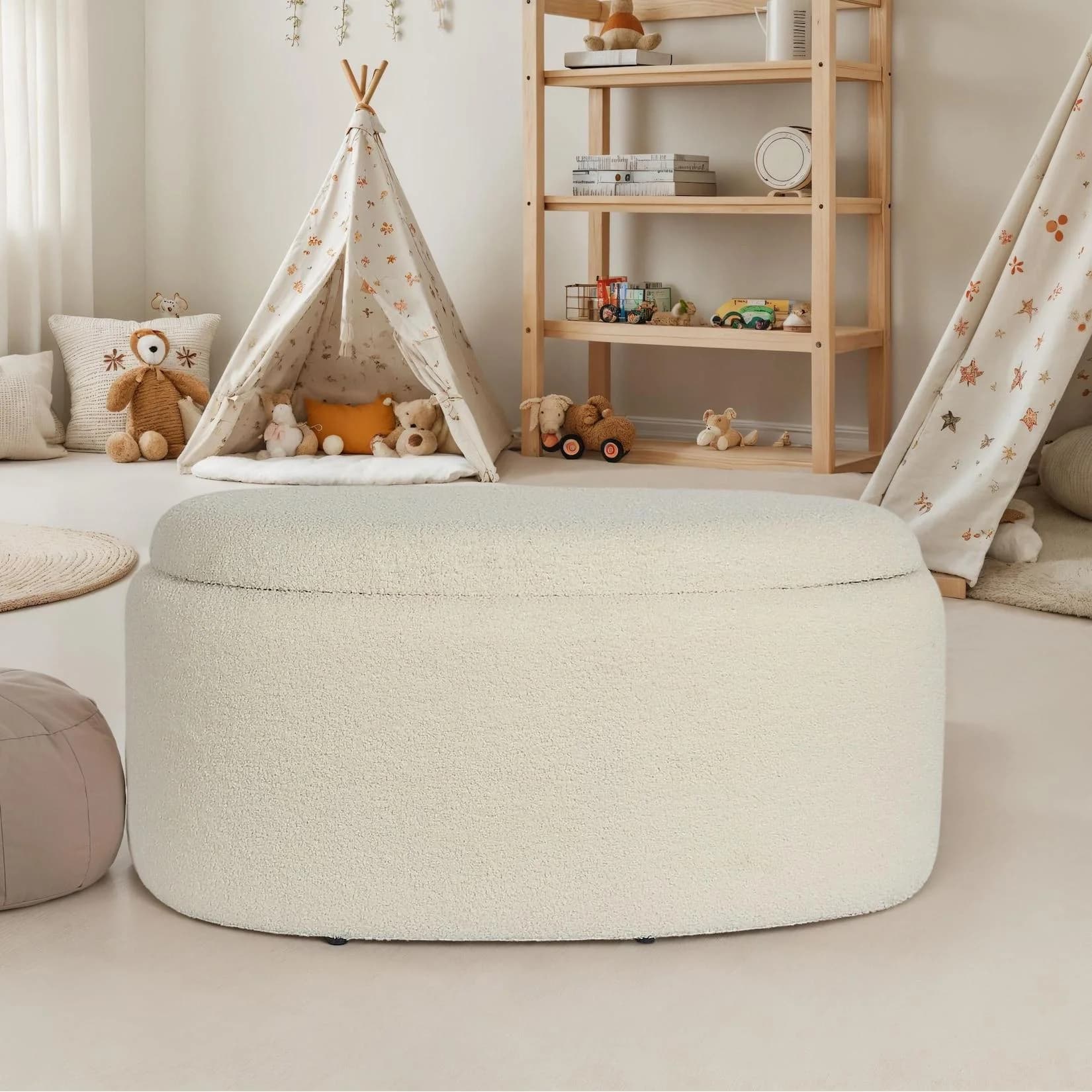 FineBuy Polsterhocker Stoff mit Stauraum Oval 81 cm Creme Modern