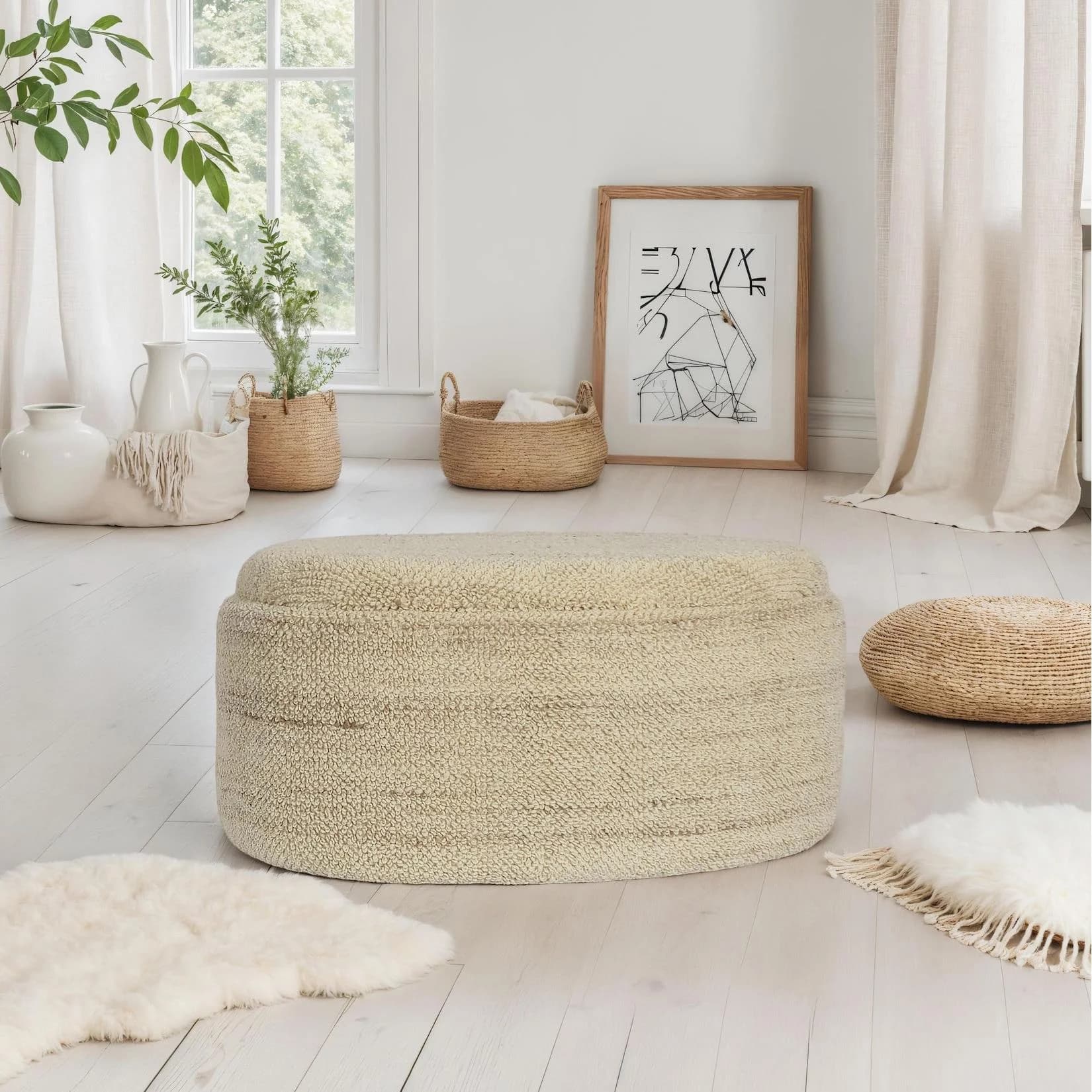 FineBuy Polsterhocker Wolle mit Stauraum Oval 81 cm Braun Modern