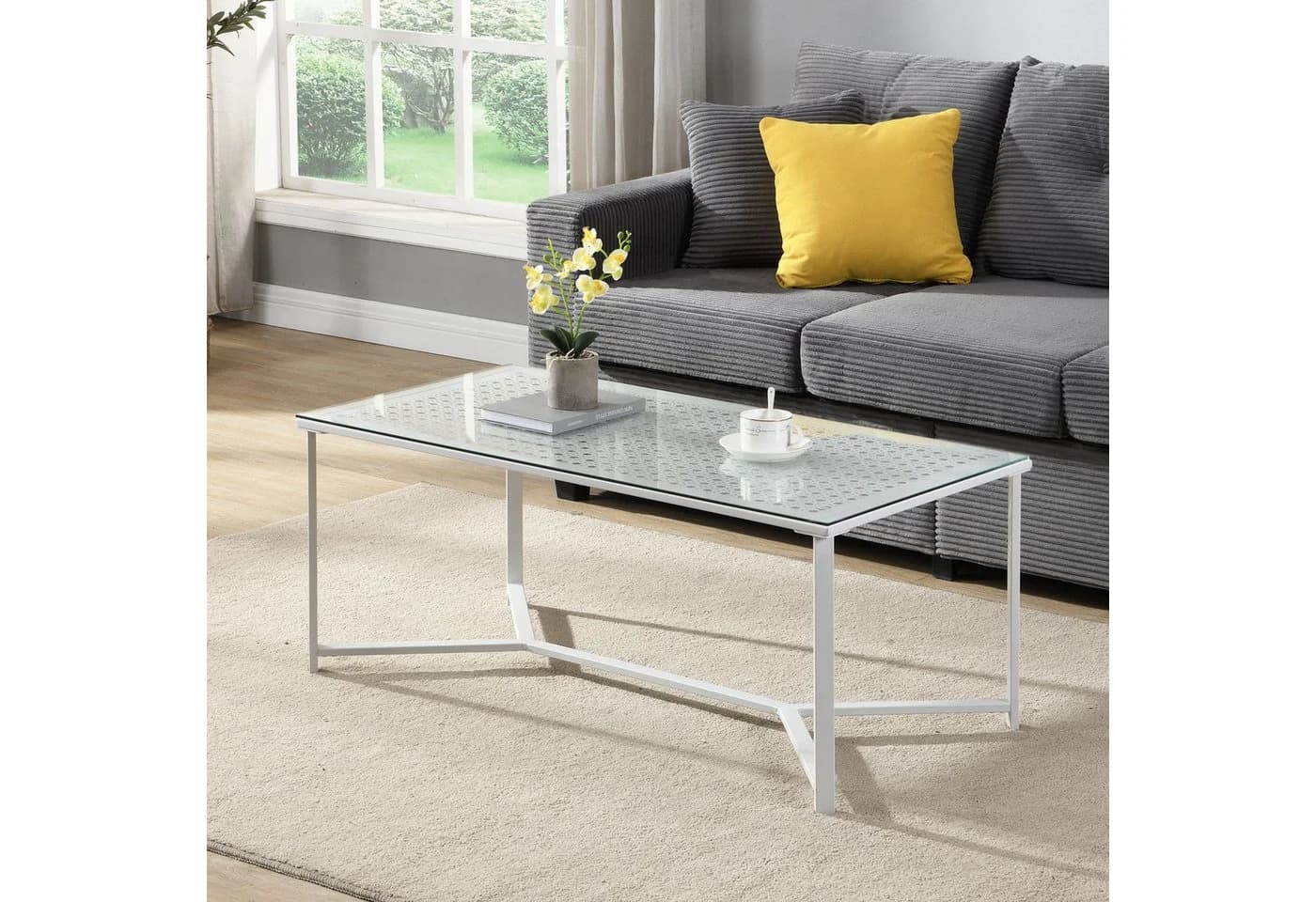 FINEBUY Couchtisch Glas Metall 100 cm Weiß Modern
