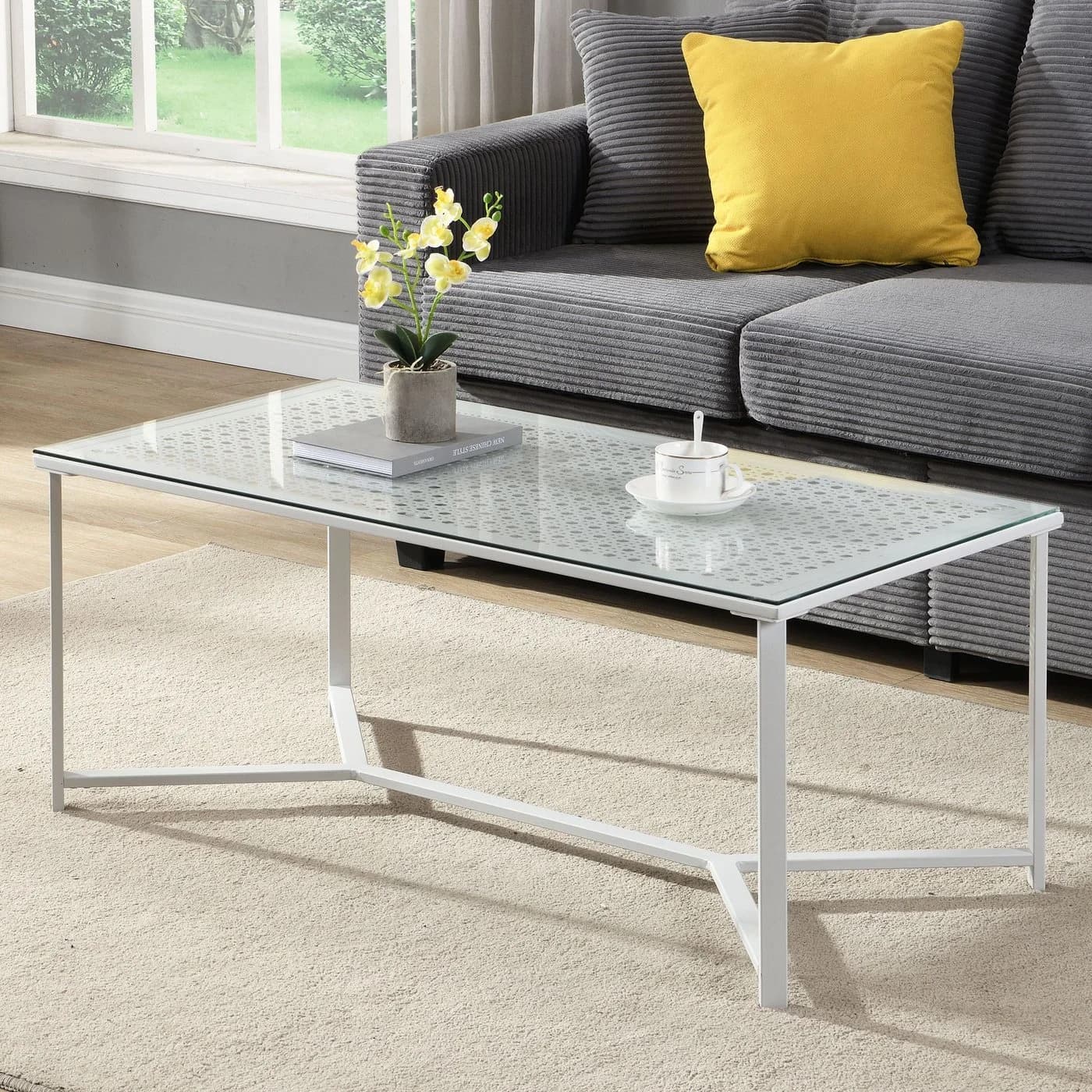 FINEBUY Couchtisch Glas Metall 100 cm Weiß Modern - Bild 2