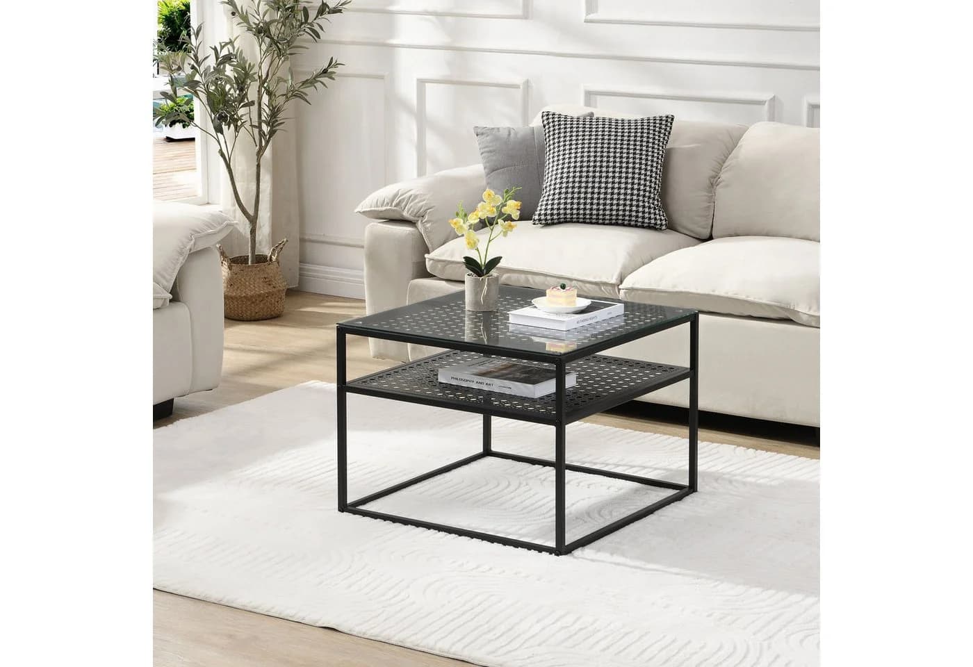 FINEBUY Couchtisch Glas Metall 60 cm Quadratisch Schwarz Ablage