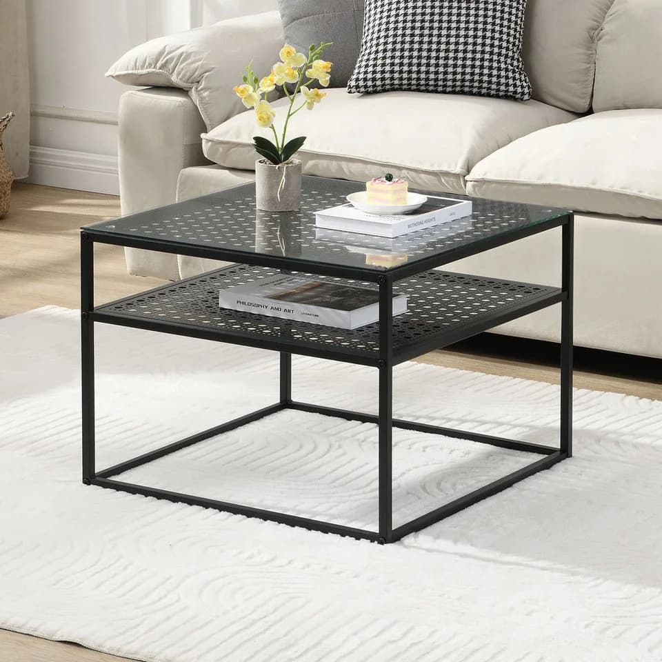 FINEBUY Couchtisch Glas Metall 60 cm Quadratisch Schwarz Ablage - Bild 2