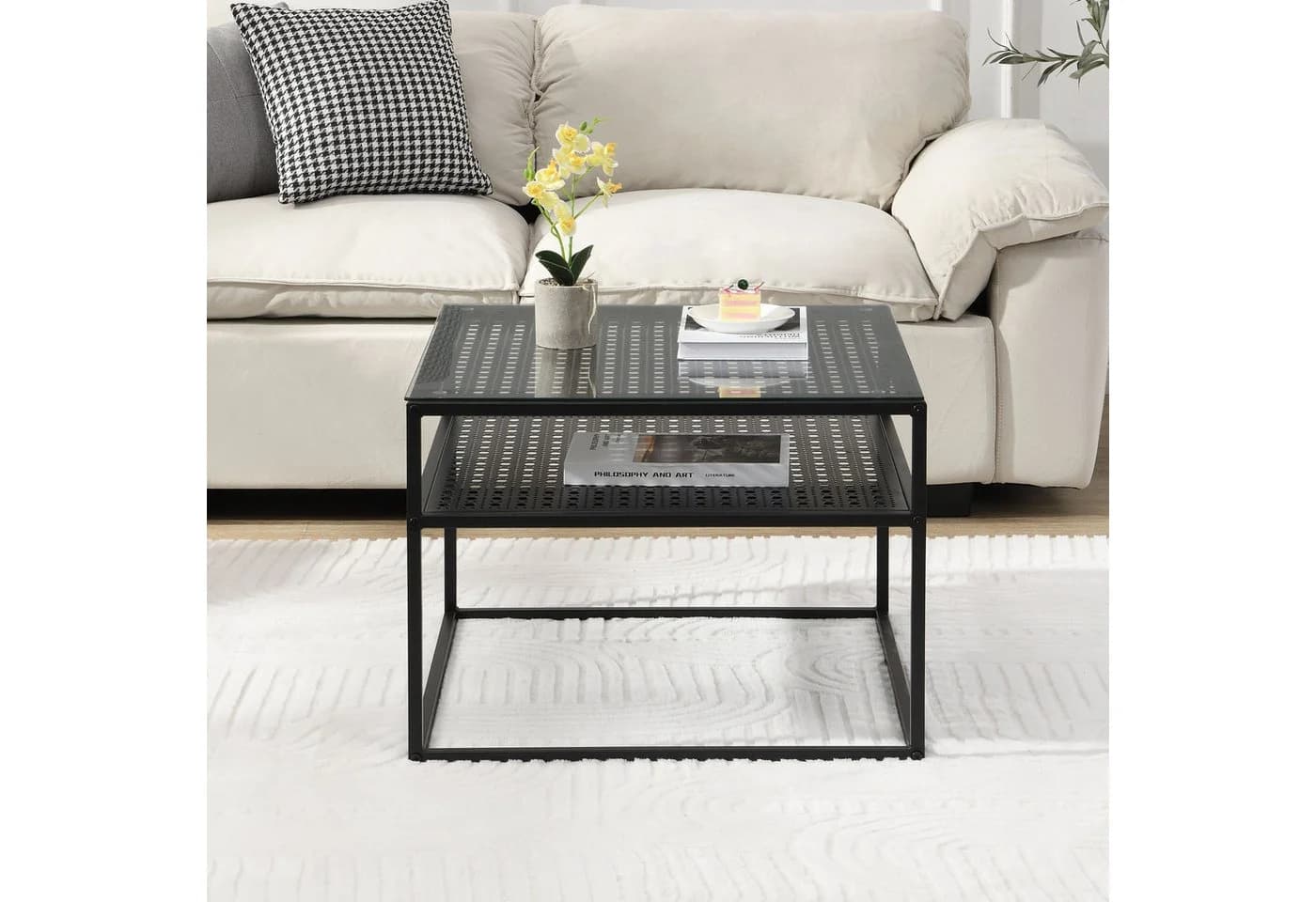 FINEBUY Couchtisch Glas Metall 60 cm Quadratisch Schwarz Ablage - Bild 4