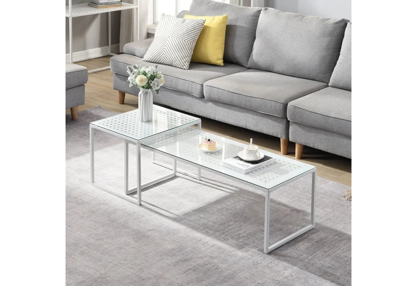 FINEBUY Satztisch 2er Set Glas Metall Weiß Modern