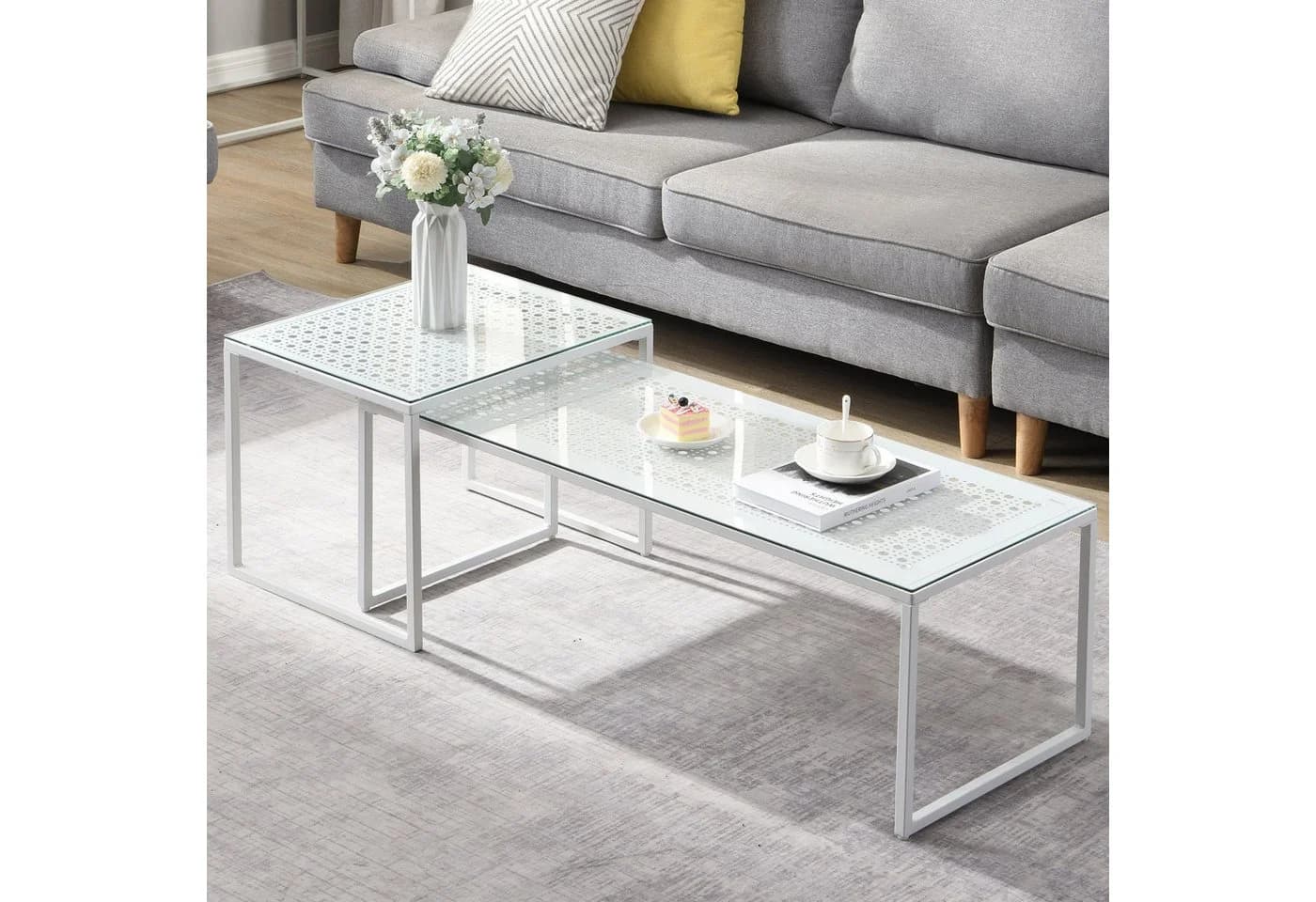 FINEBUY Satztisch 2er Set Glas Metall Weiß Modern - Bild 2