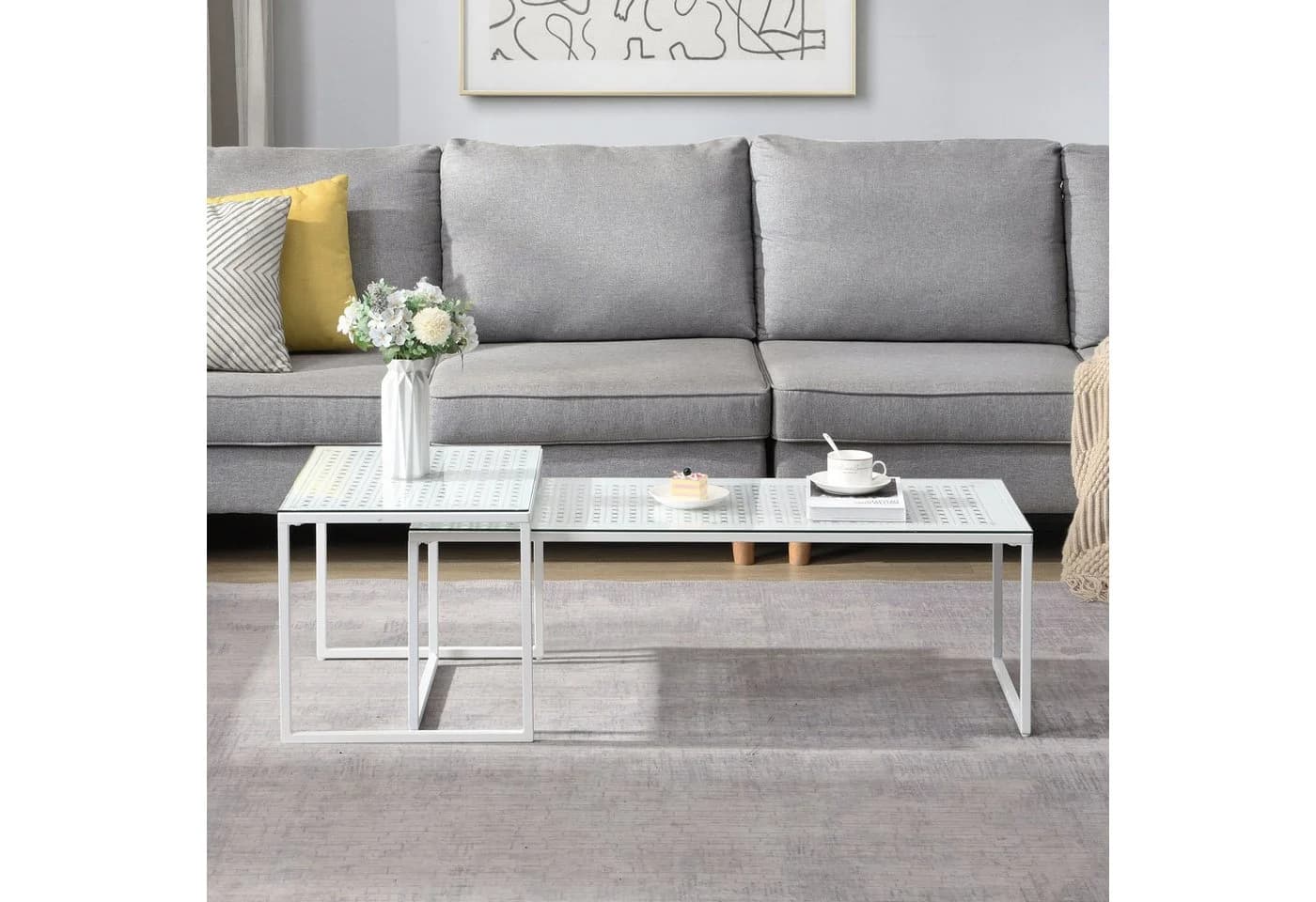 FINEBUY Satztisch 2er Set Glas Metall Weiß Modern - Bild 4