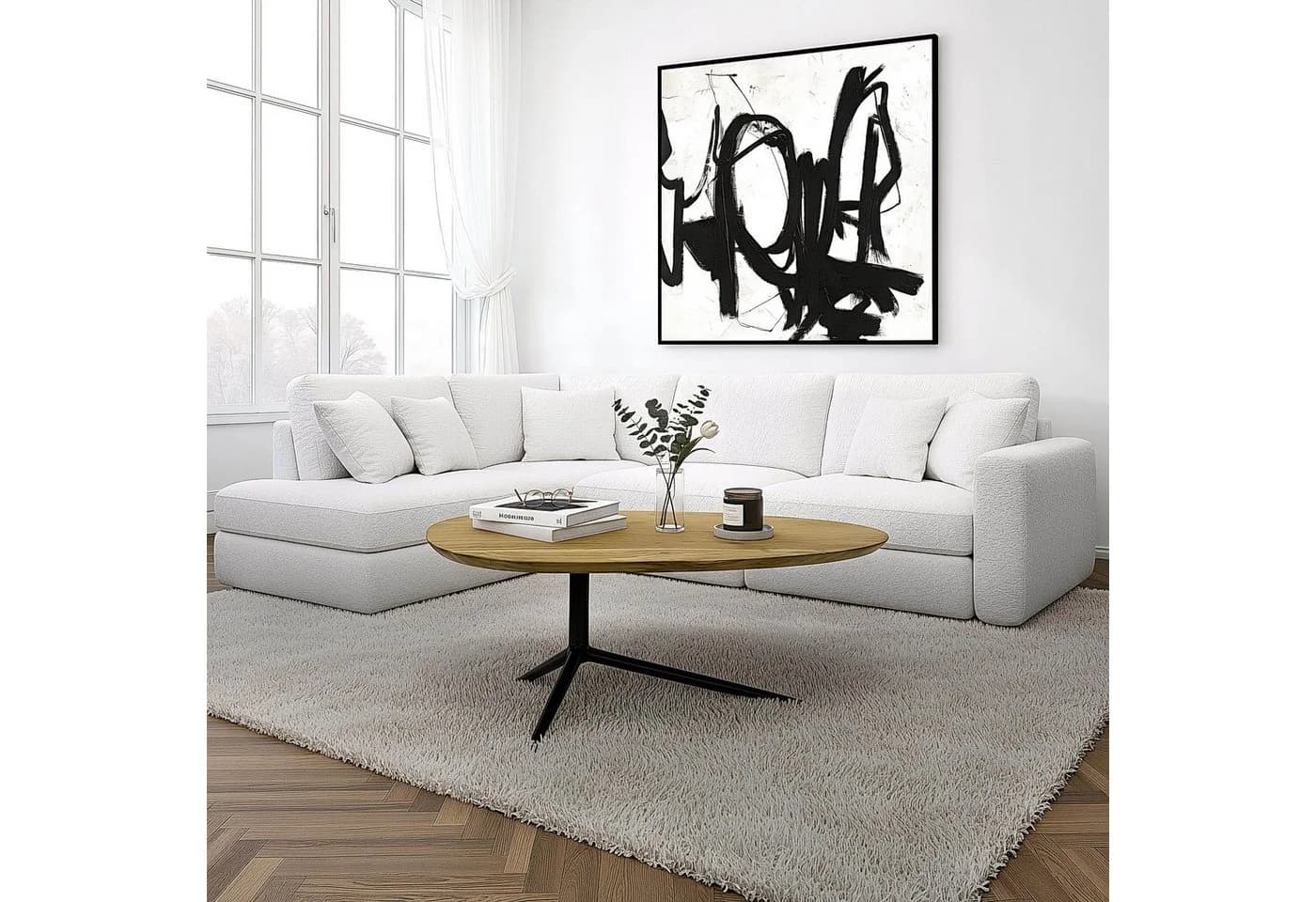 FINEBUY Couchtisch Akazie Massivholz 87x50 cm Sofatisch mit Metallgestell